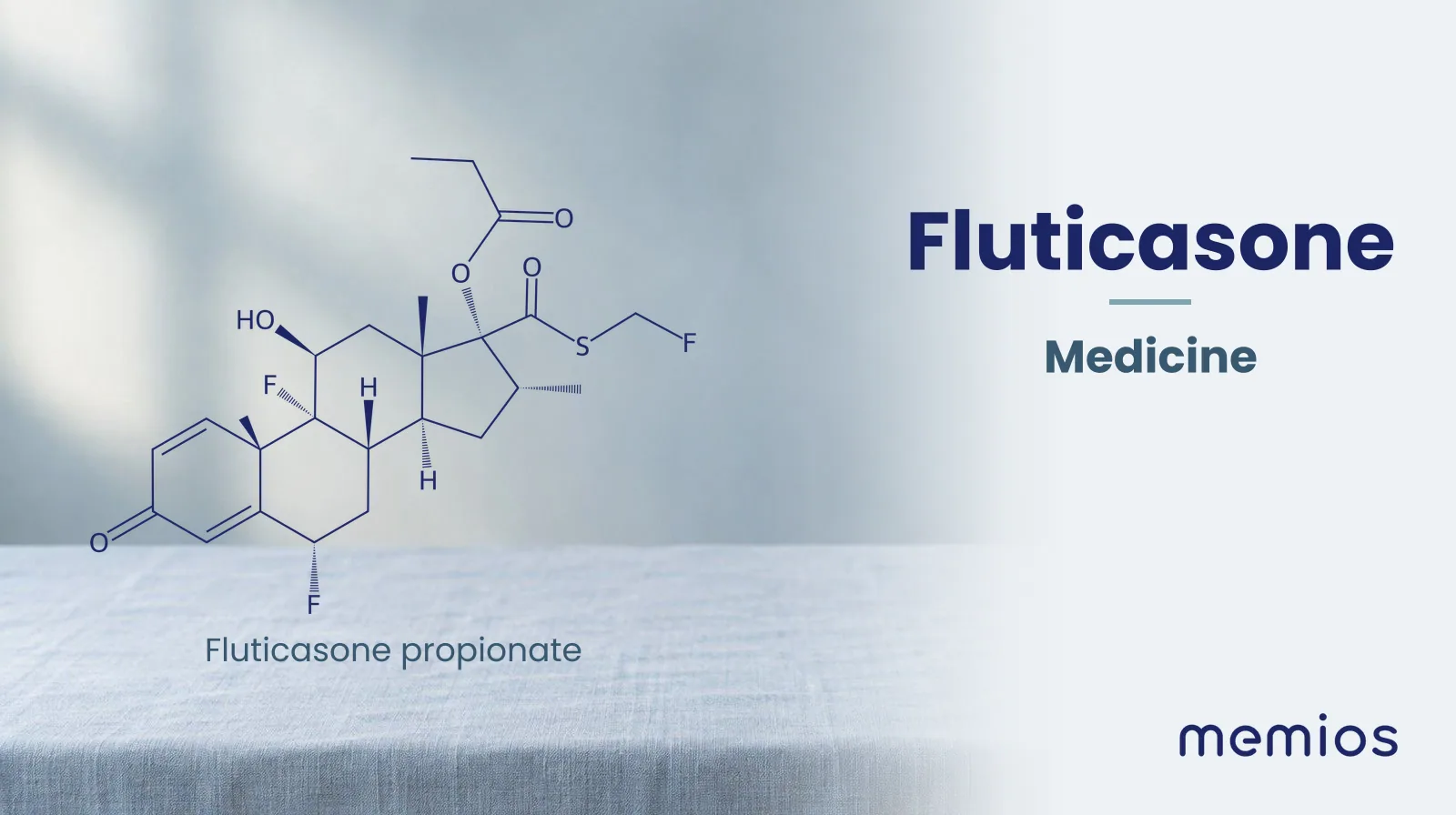 Chemical structure of Fluticasone propionate, drawn in navy on pale linen.
