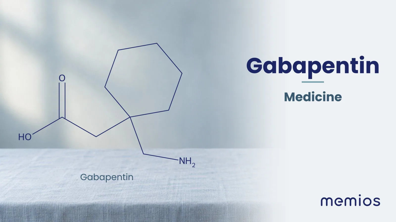 Chemical structure of Gabapentin, drawn in navy on pale linen.