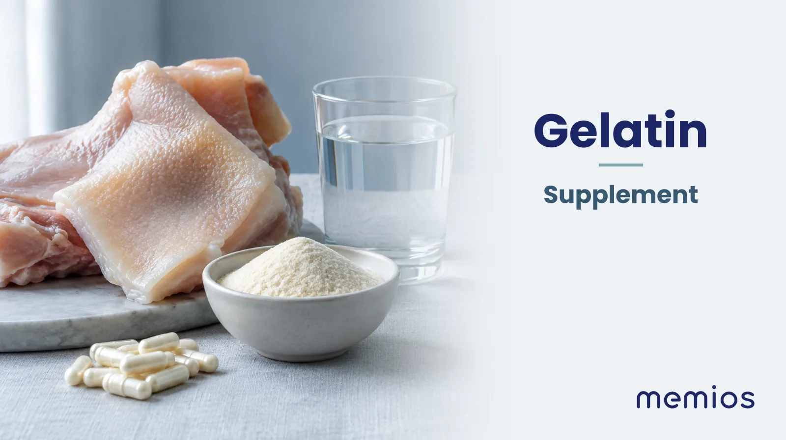 Photograph for Gelatin: its natural source and a bowl of powder or capsules on pale linen.