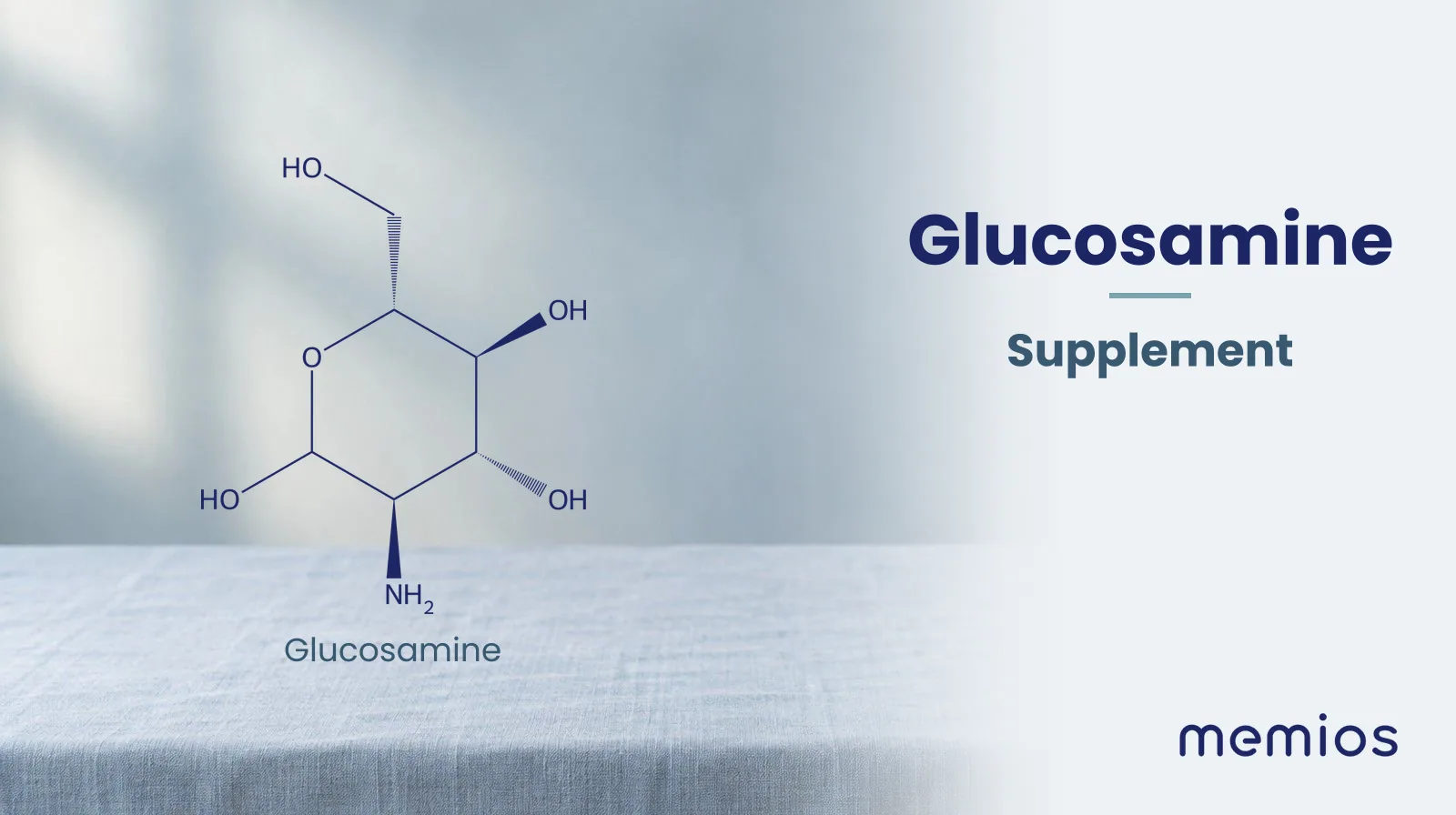 Chemical structure of Glucosamine, drawn in navy on pale linen.