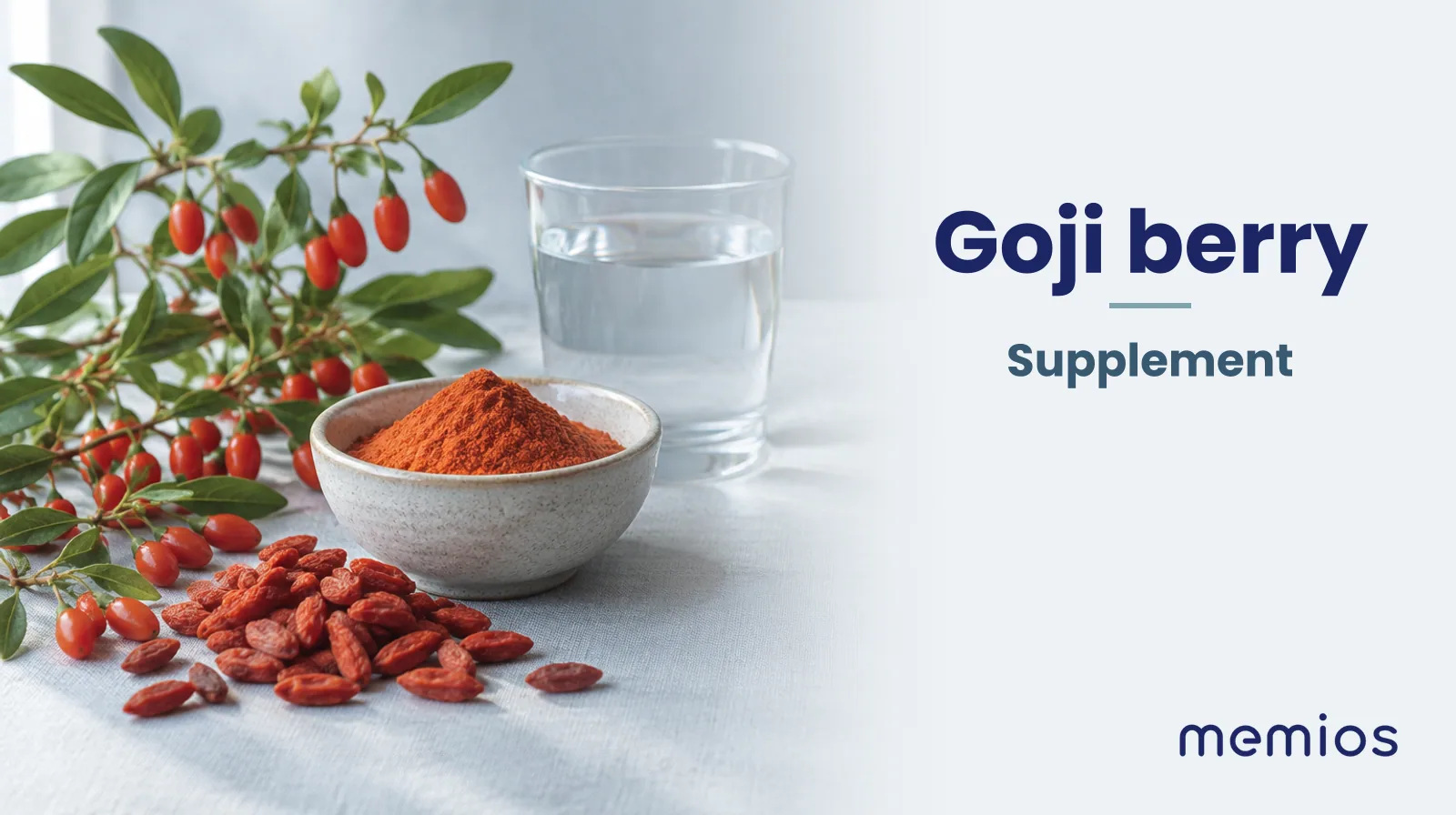 Photograph for Goji berry: its natural source and a bowl of powder or capsules on pale linen.