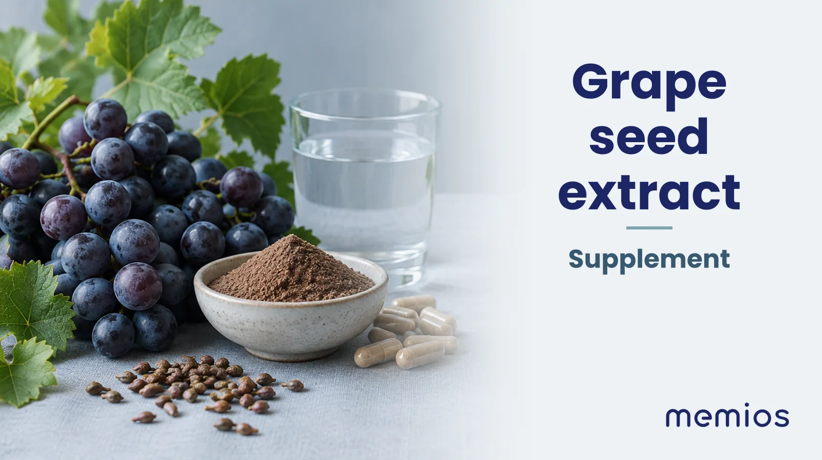 Photograph for Grape seed extract: its natural source and a bowl of powder or capsules on pale linen.