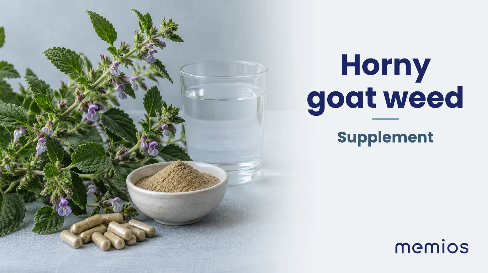 Photograph for Horny goat weed: its natural source and a bowl of powder or capsules on pale linen.