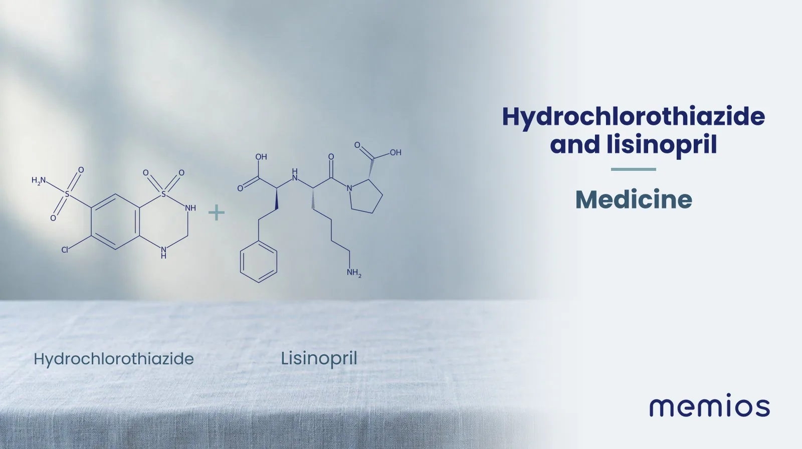 Chemical structure of Hydrochlorothiazide and Lisinopril, drawn in navy on pale linen.