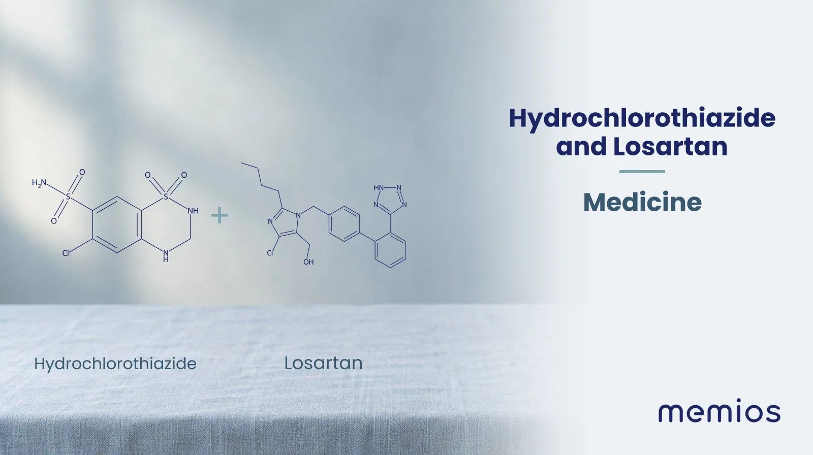 Chemical structure of Hydrochlorothiazide and Losartan, drawn in navy on pale linen.