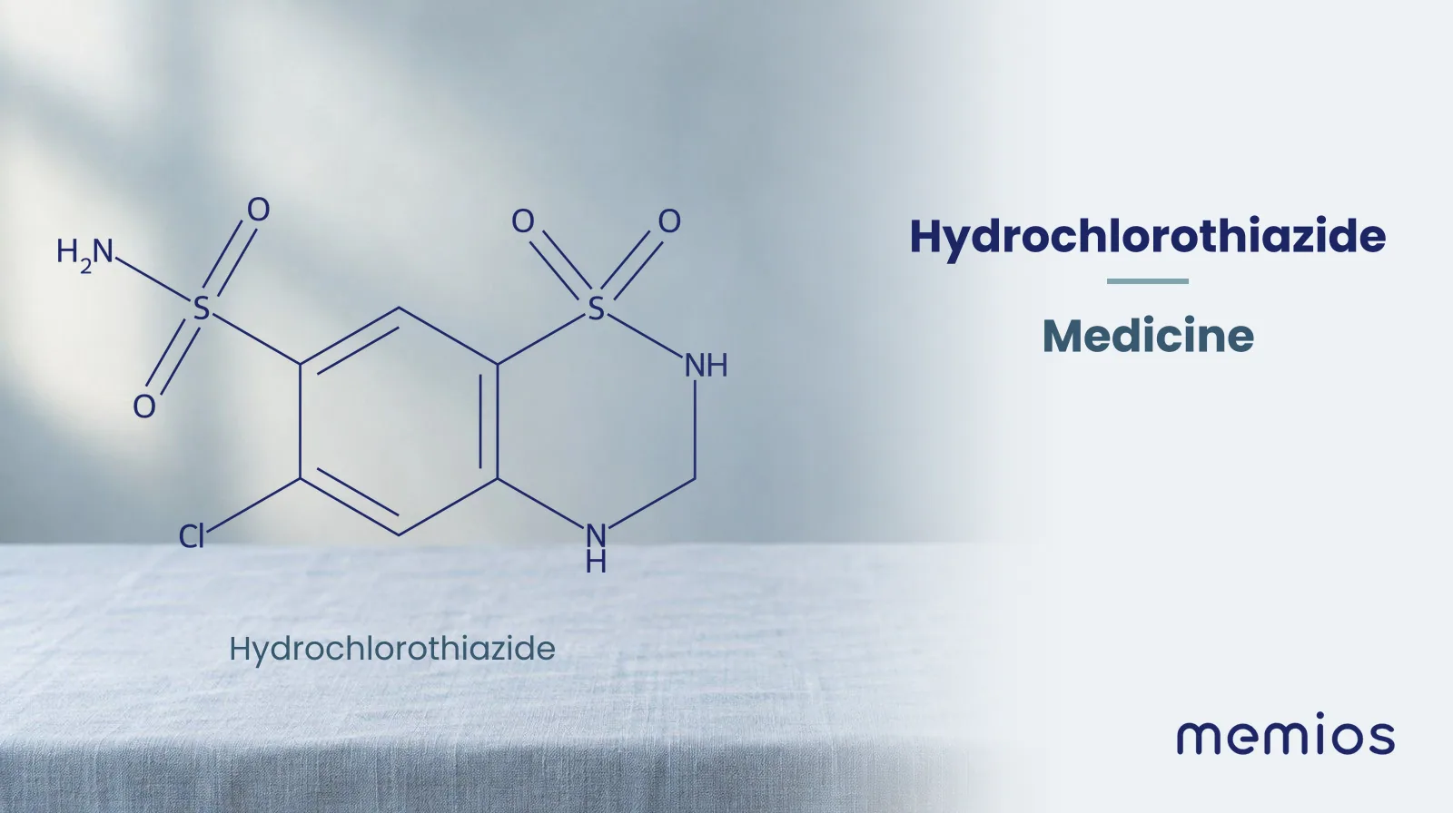 Chemical structure of Hydrochlorothiazide, drawn in navy on pale linen.