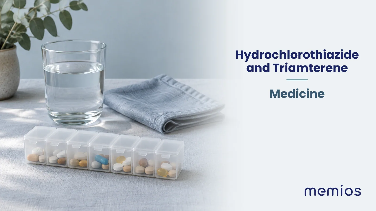Photograph for Hydrochlorothiazide and Triamterene: plain unmarked tablets in a dish beside a glass of water on pale linen.