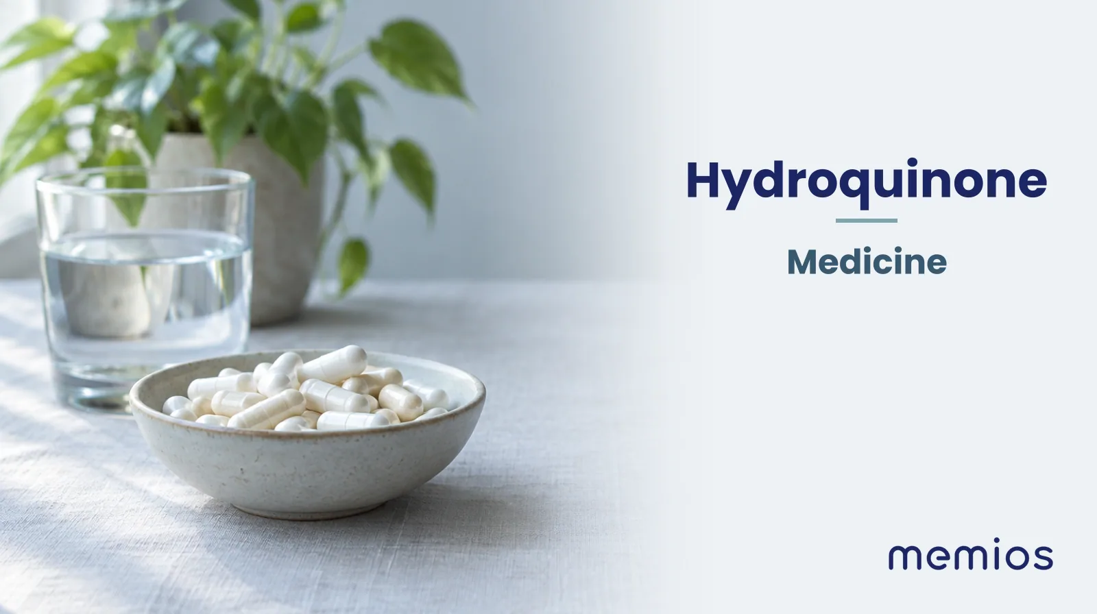 Photograph for Hydroquinone: plain unmarked tablets in a dish beside a glass of water on pale linen.
