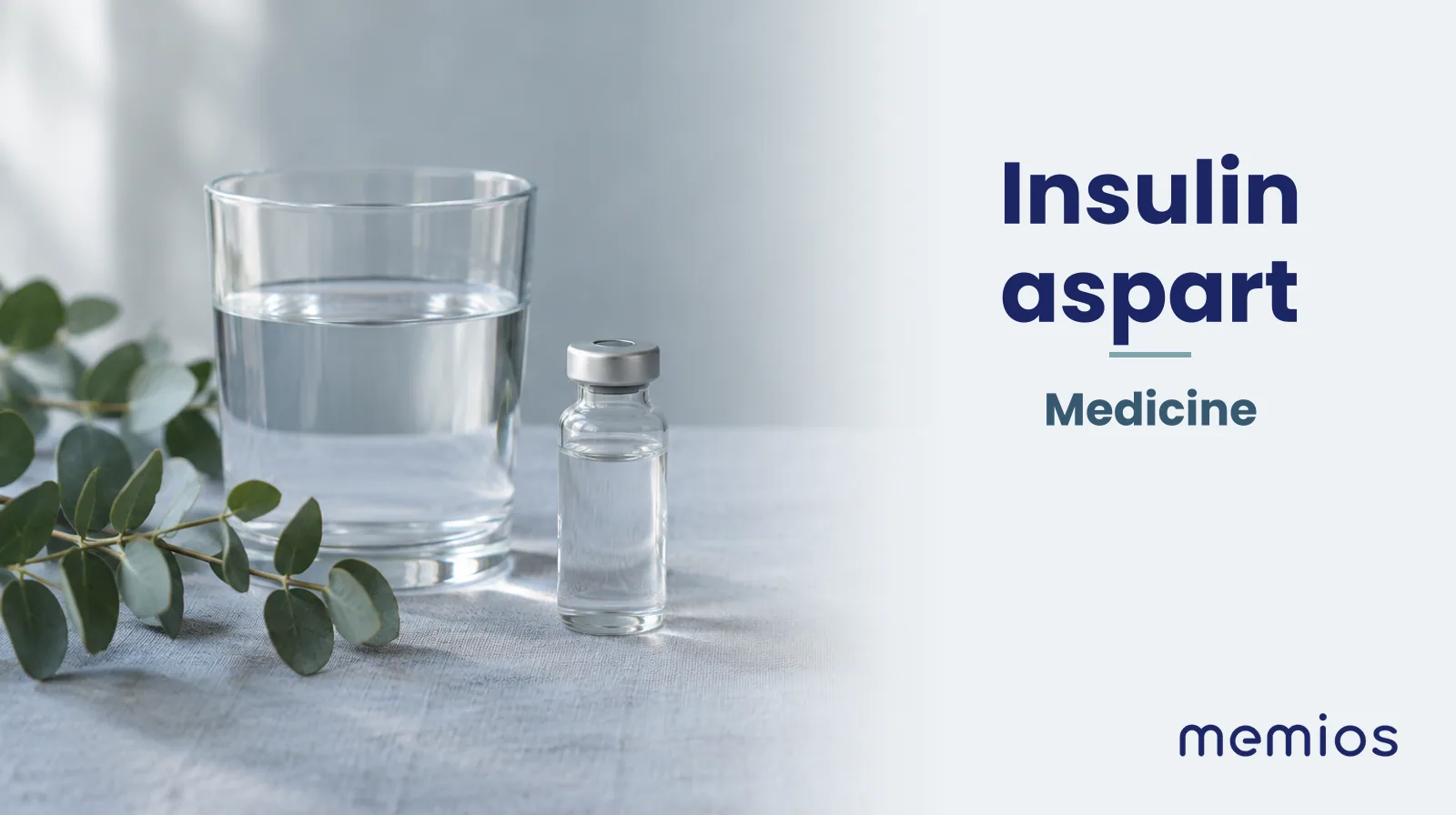 Photograph for Insulin aspart: plain unmarked tablets in a dish beside a glass of water on pale linen.