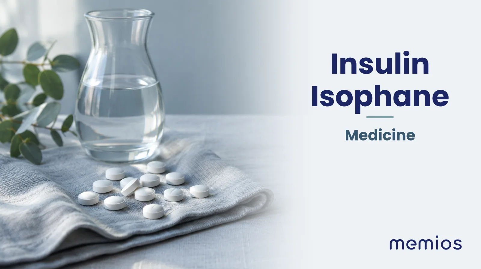 Photograph for Insulin Isophane: plain unmarked tablets in a dish beside a glass of water on pale linen.