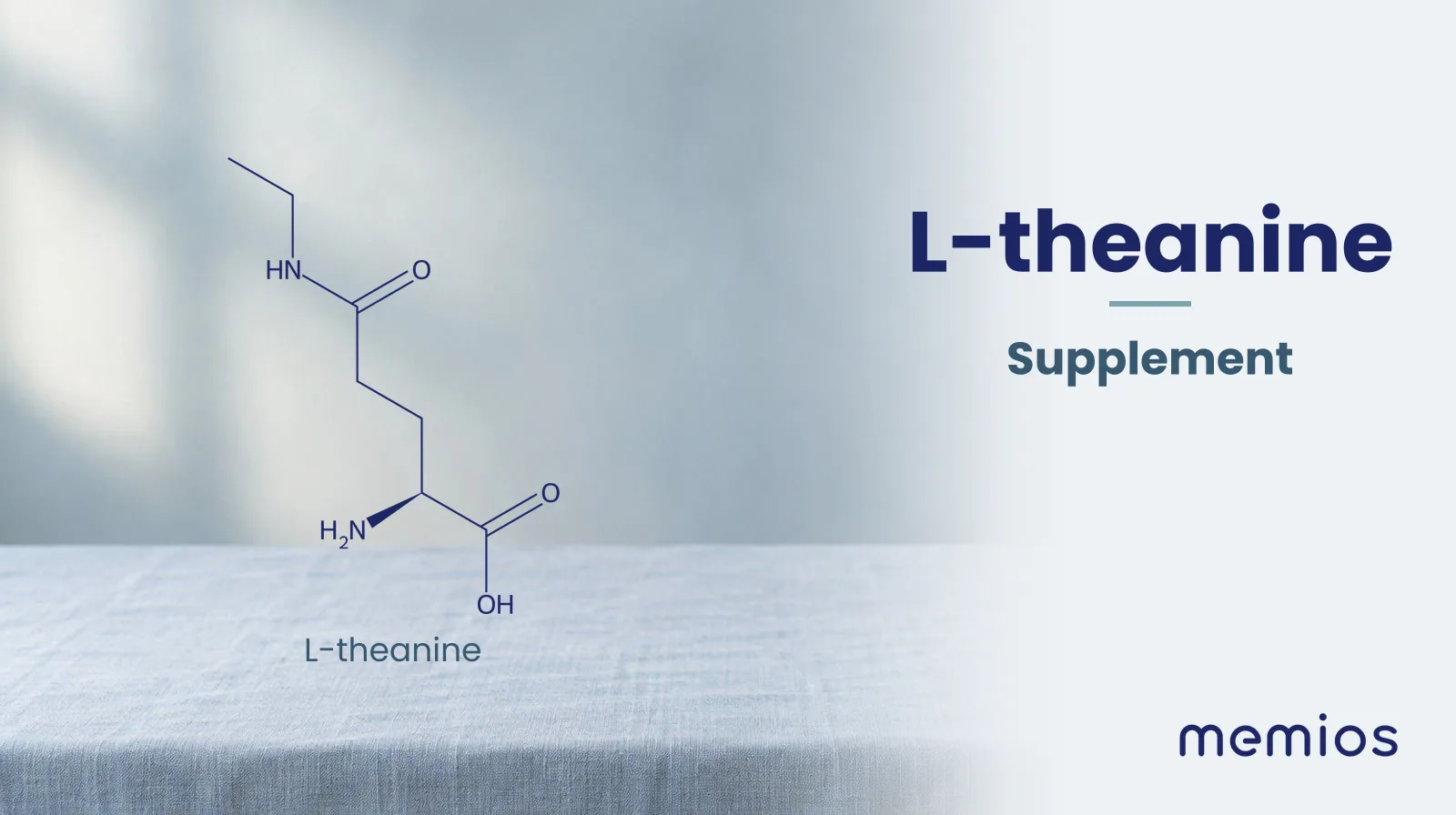 Chemical structure of L-theanine, drawn in navy on pale linen.