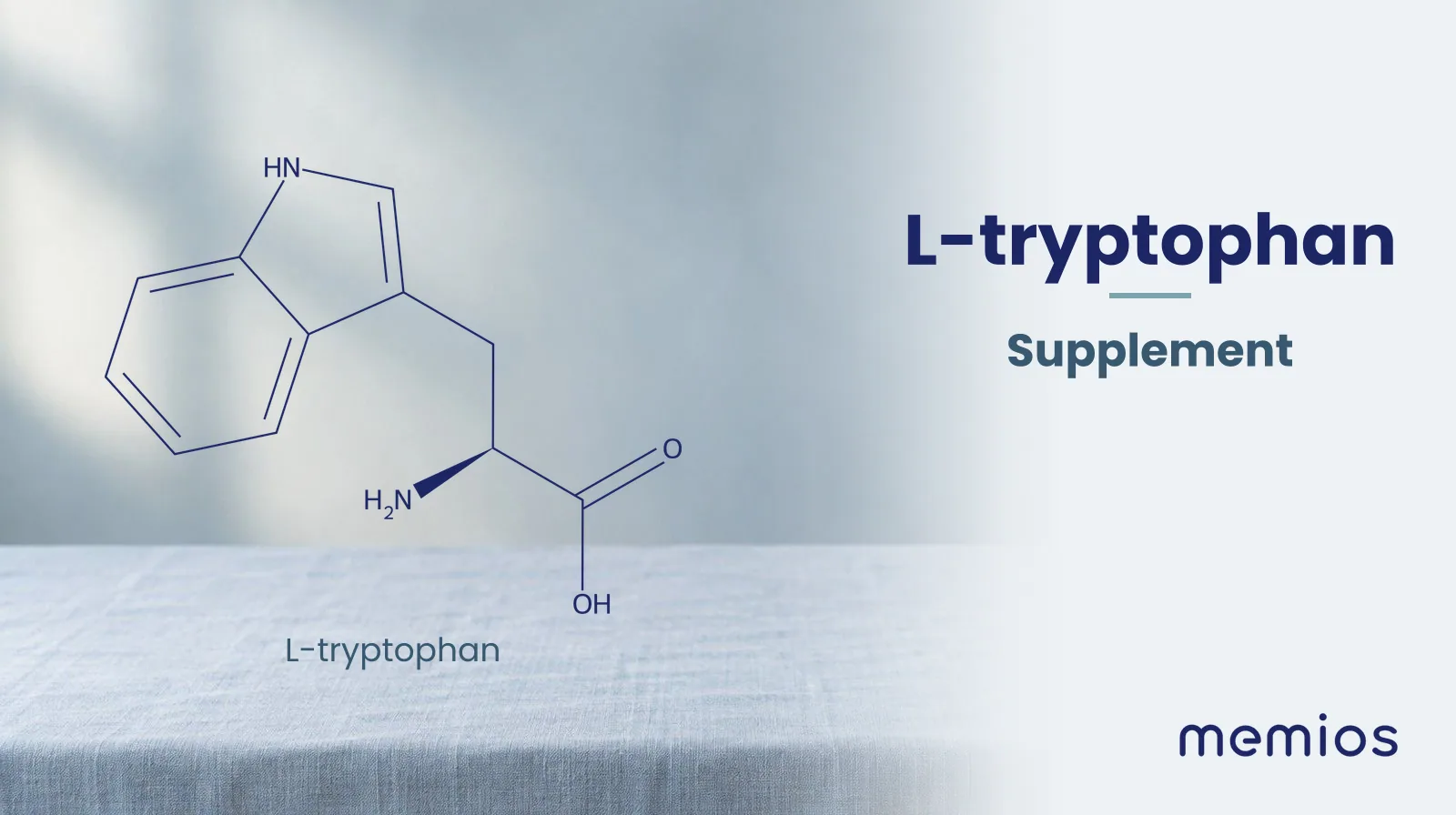Chemical structure of L-tryptophan, drawn in navy on pale linen.