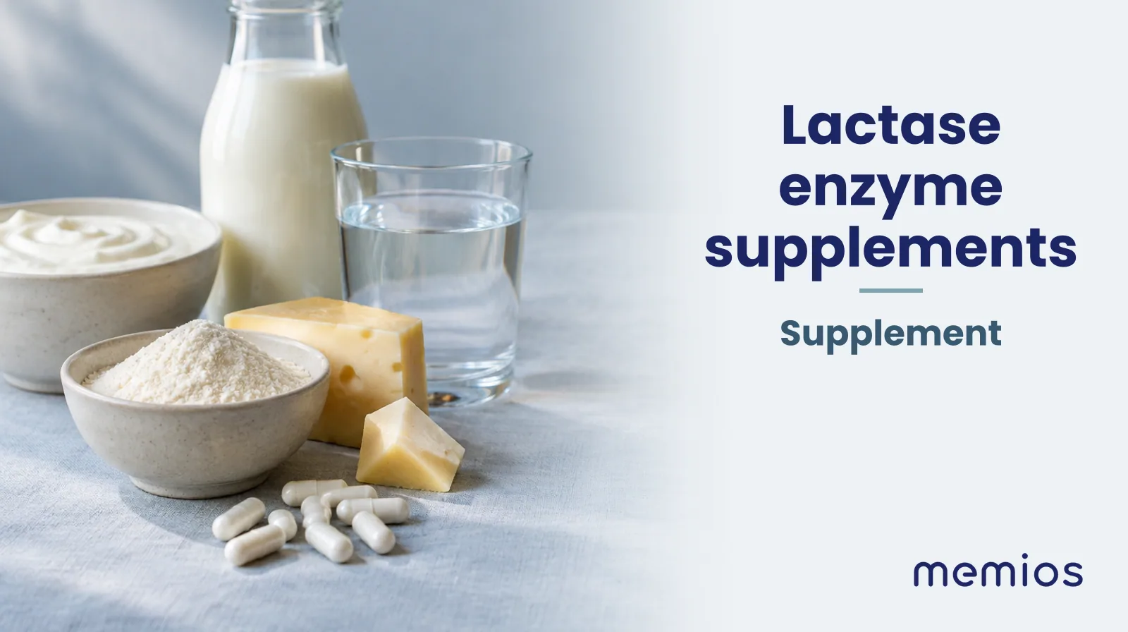Photograph for Lactase enzyme supplements: its natural source and a bowl of powder or capsules on pale linen.
