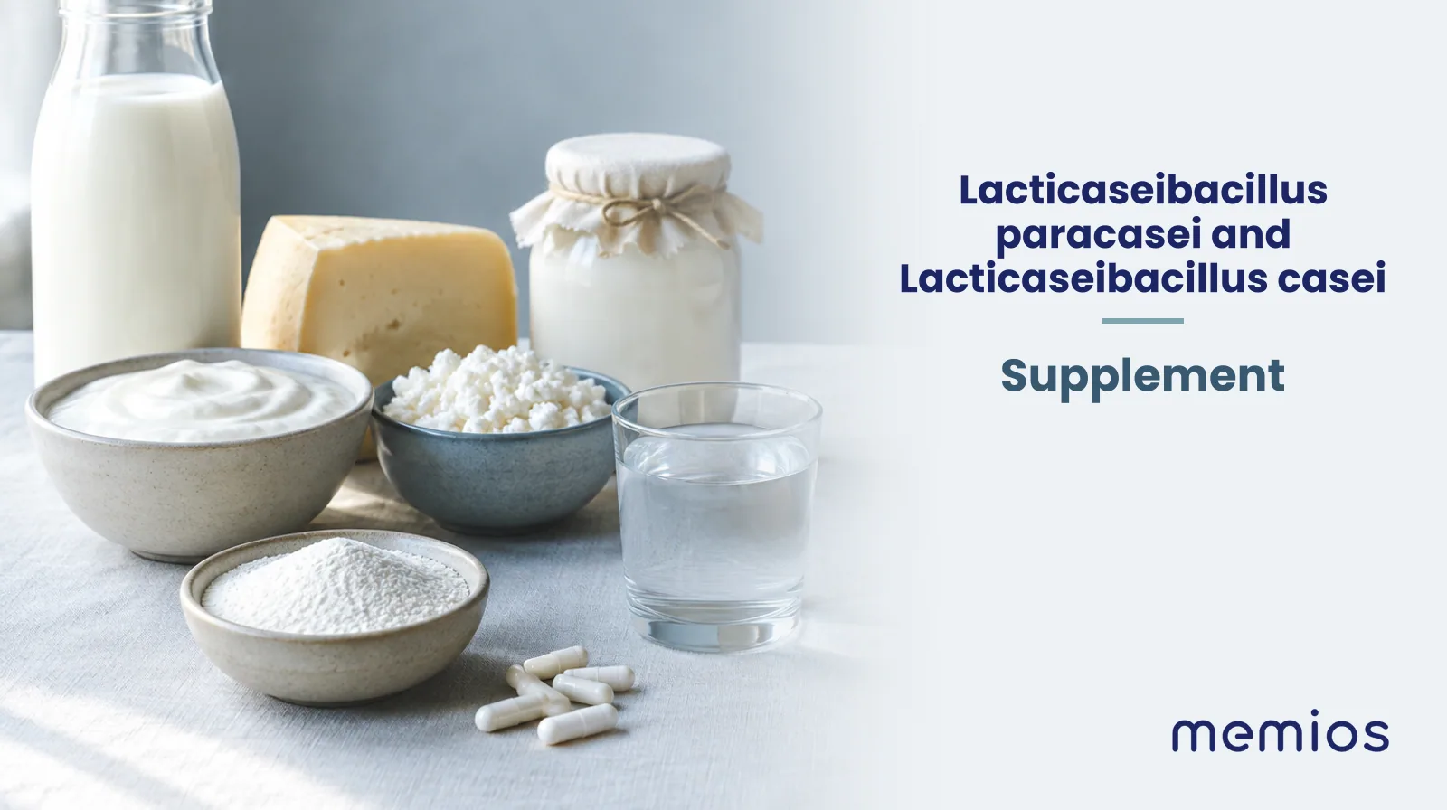 Photograph for Lacticaseibacillus paracasei and Lacticaseibacillus casei: its natural source and a bowl of powder or capsules on pale linen.