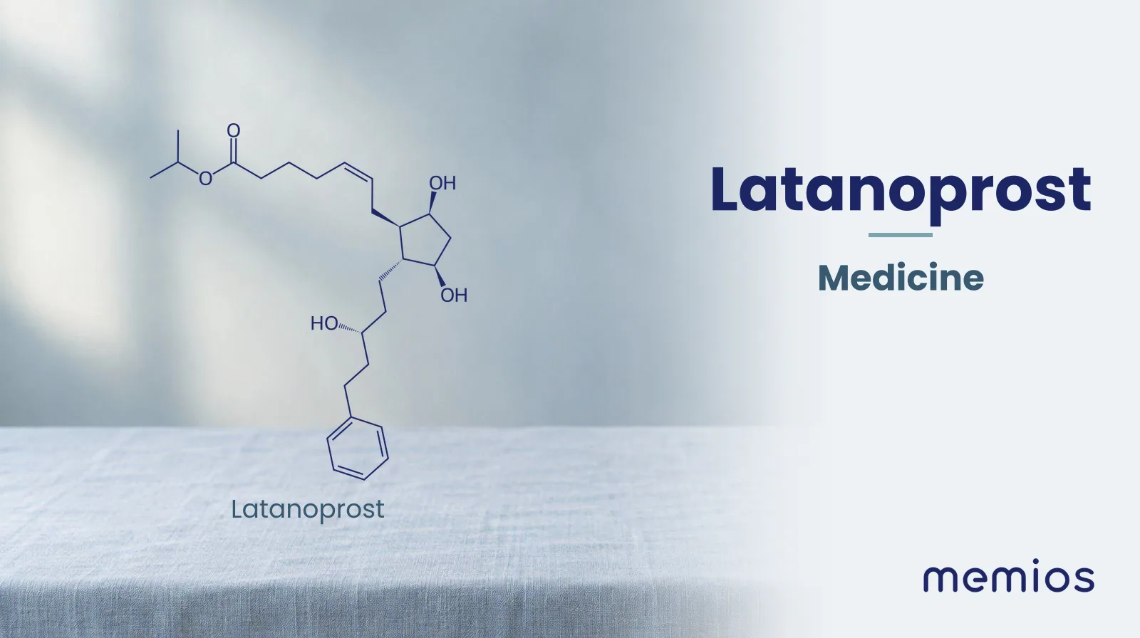 Chemical structure of Latanoprost, drawn in navy on pale linen.