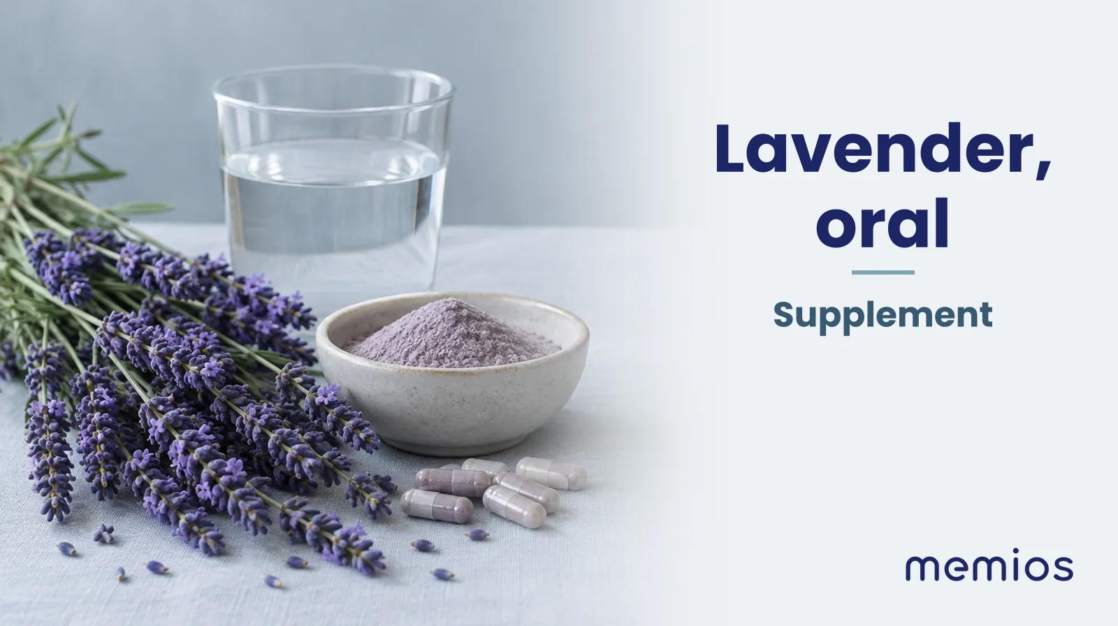 Photograph for Lavender, oral: its natural source and a bowl of powder or capsules on pale linen.