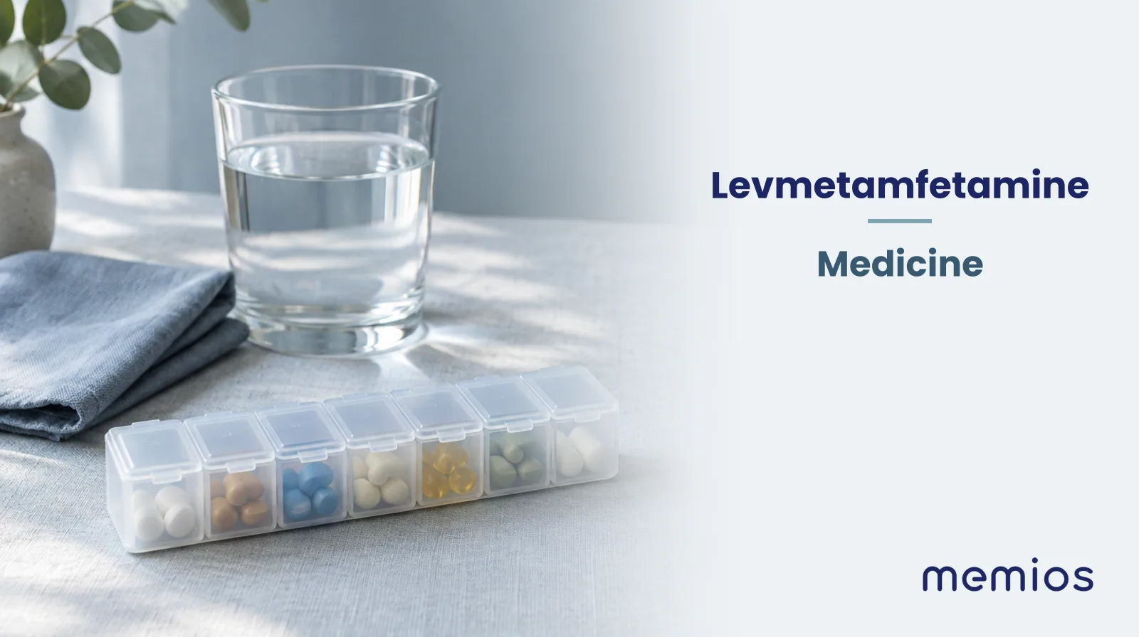 Photograph for Levmetamfetamine: plain unmarked tablets in a dish beside a glass of water on pale linen.