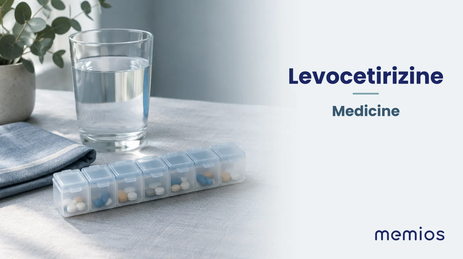 Photograph for Levocetirizine: plain unmarked tablets in a dish beside a glass of water on pale linen.