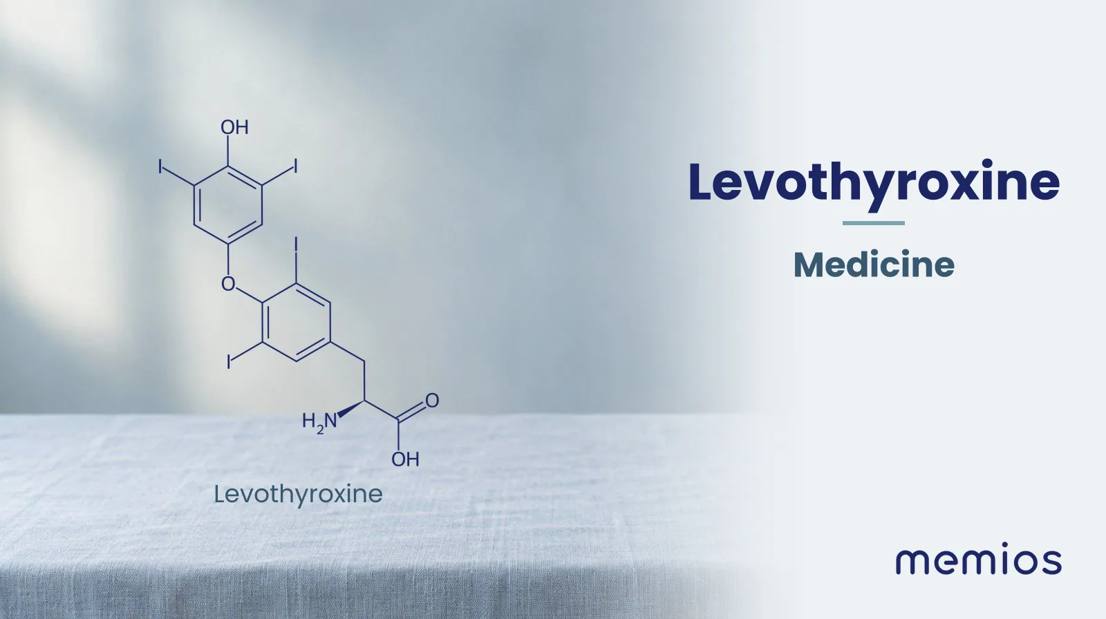 Chemical structure of Levothyroxine, drawn in navy on pale linen.