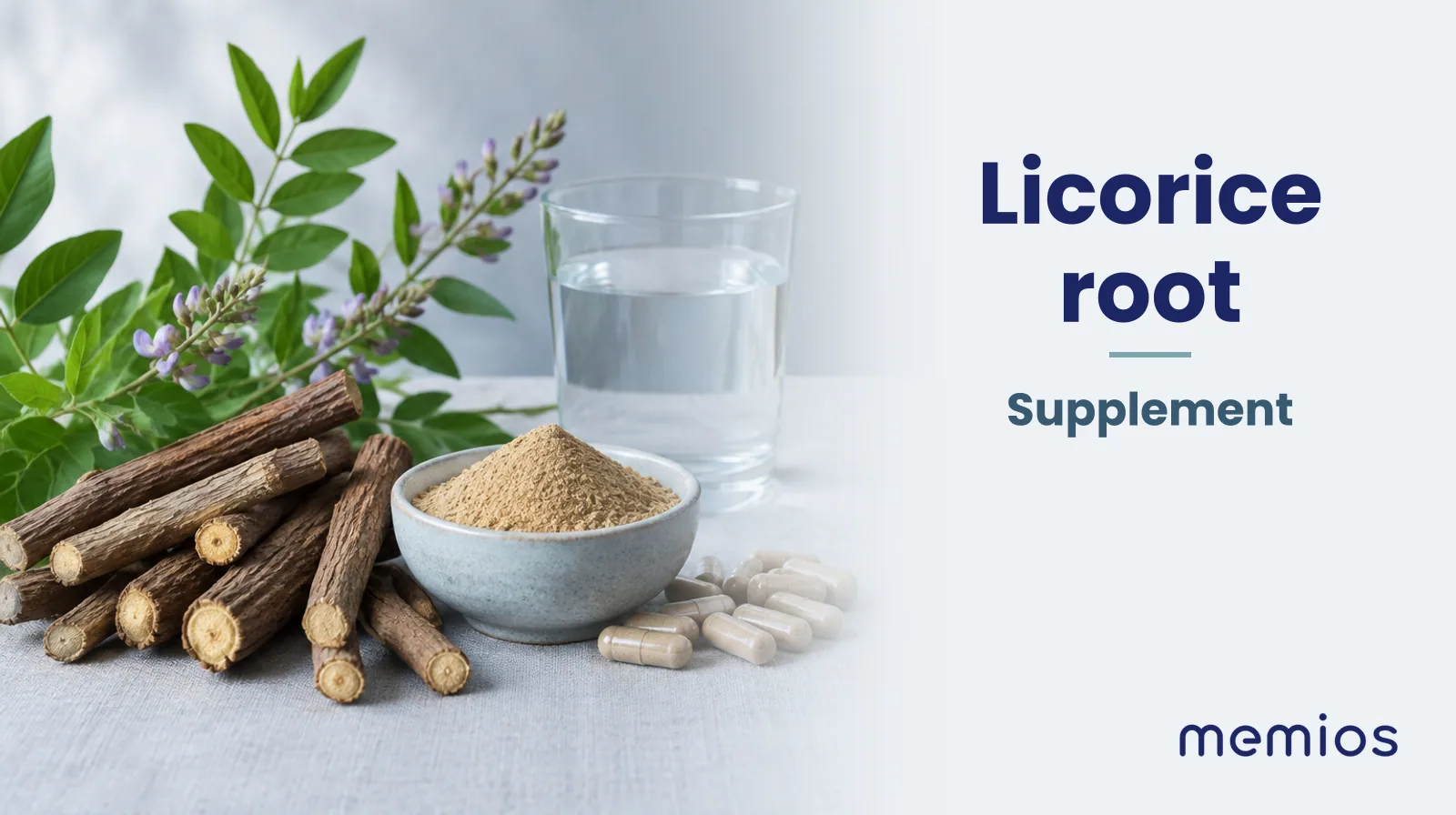 Photograph for Licorice root: its natural source and a bowl of powder or capsules on pale linen.