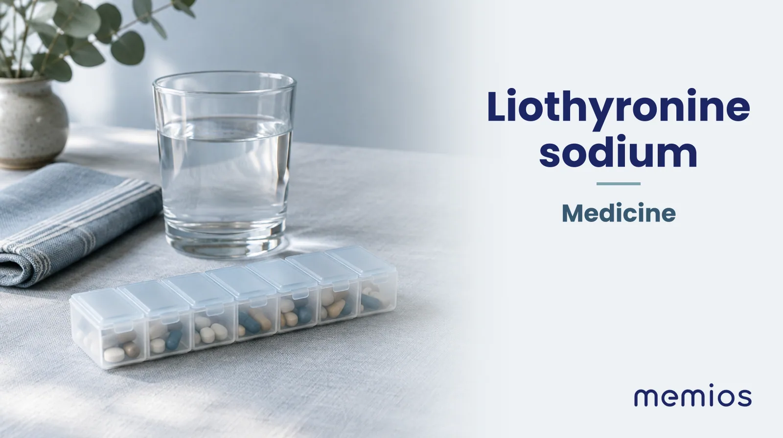 Photograph for Liothyronine sodium: plain unmarked tablets in a dish beside a glass of water on pale linen.