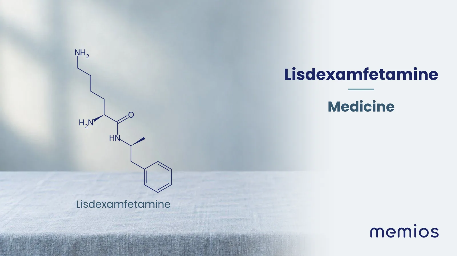 Chemical structure of Lisdexamfetamine, drawn in navy on pale linen.