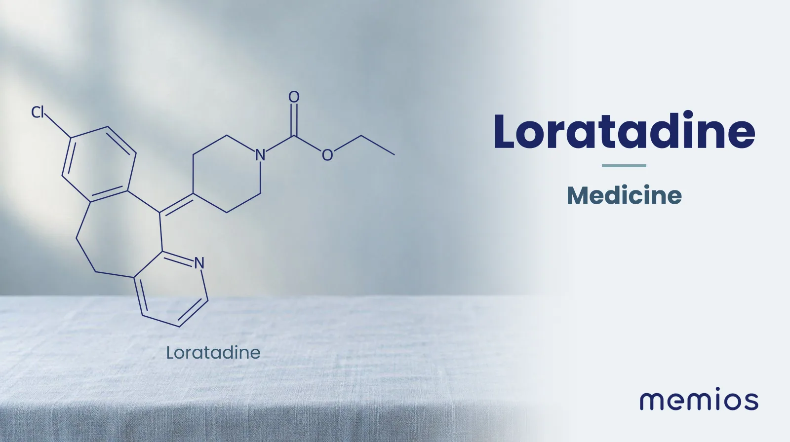 Chemical structure of Loratadine, drawn in navy on pale linen.