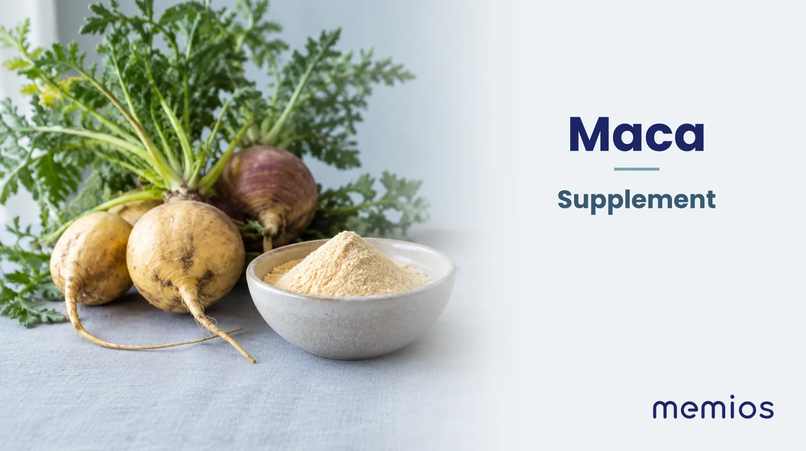 Photograph for Maca: its natural source and a bowl of powder or capsules on pale linen.