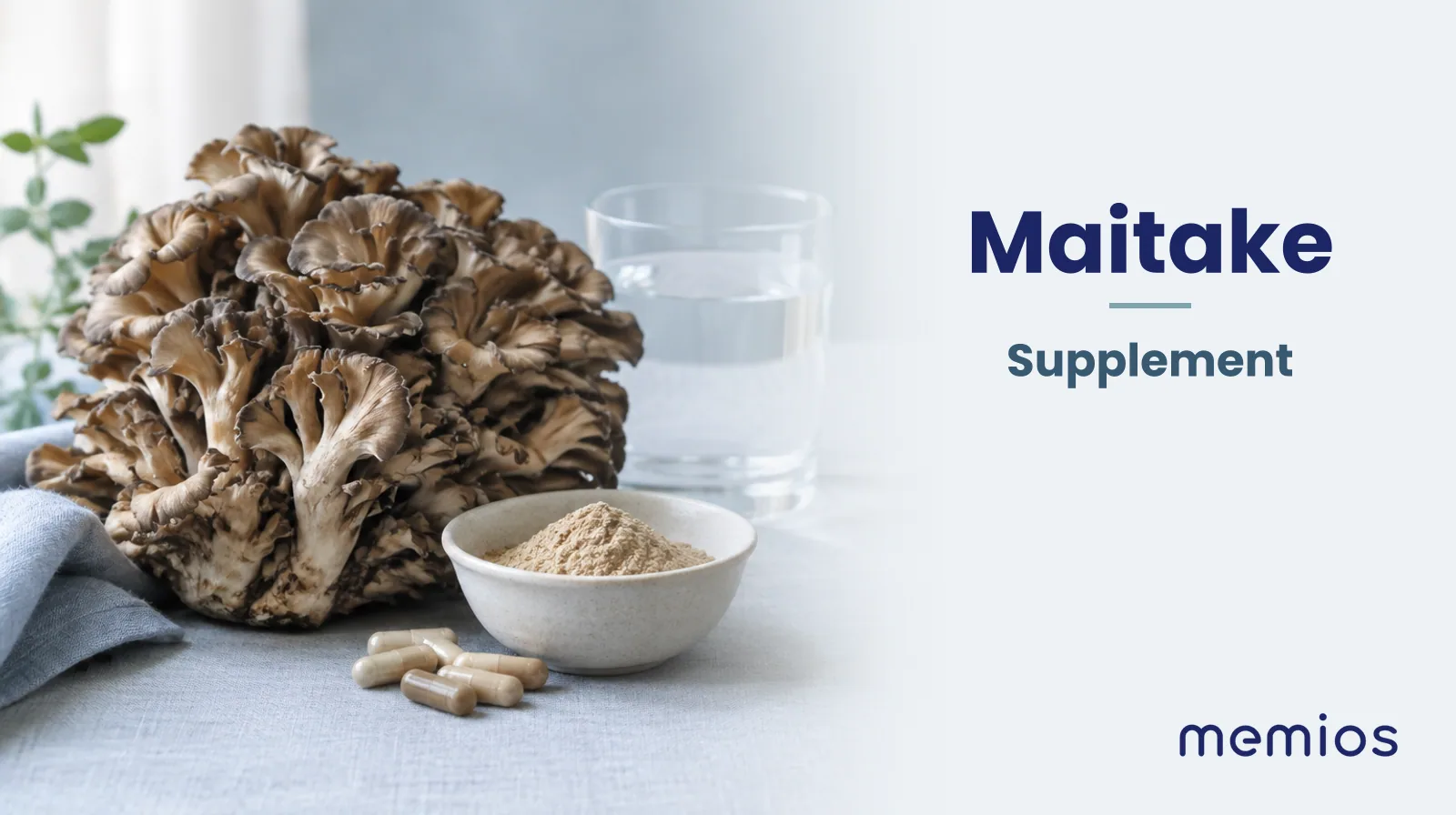 Photograph for Maitake: its natural source and a bowl of powder or capsules on pale linen.