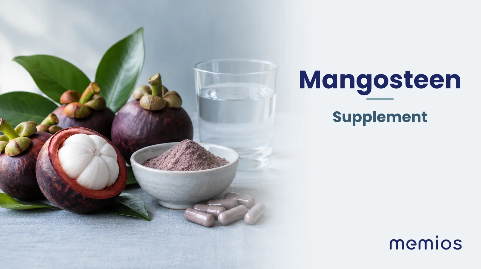 Photograph for Mangosteen: its natural source and a bowl of powder or capsules on pale linen.
