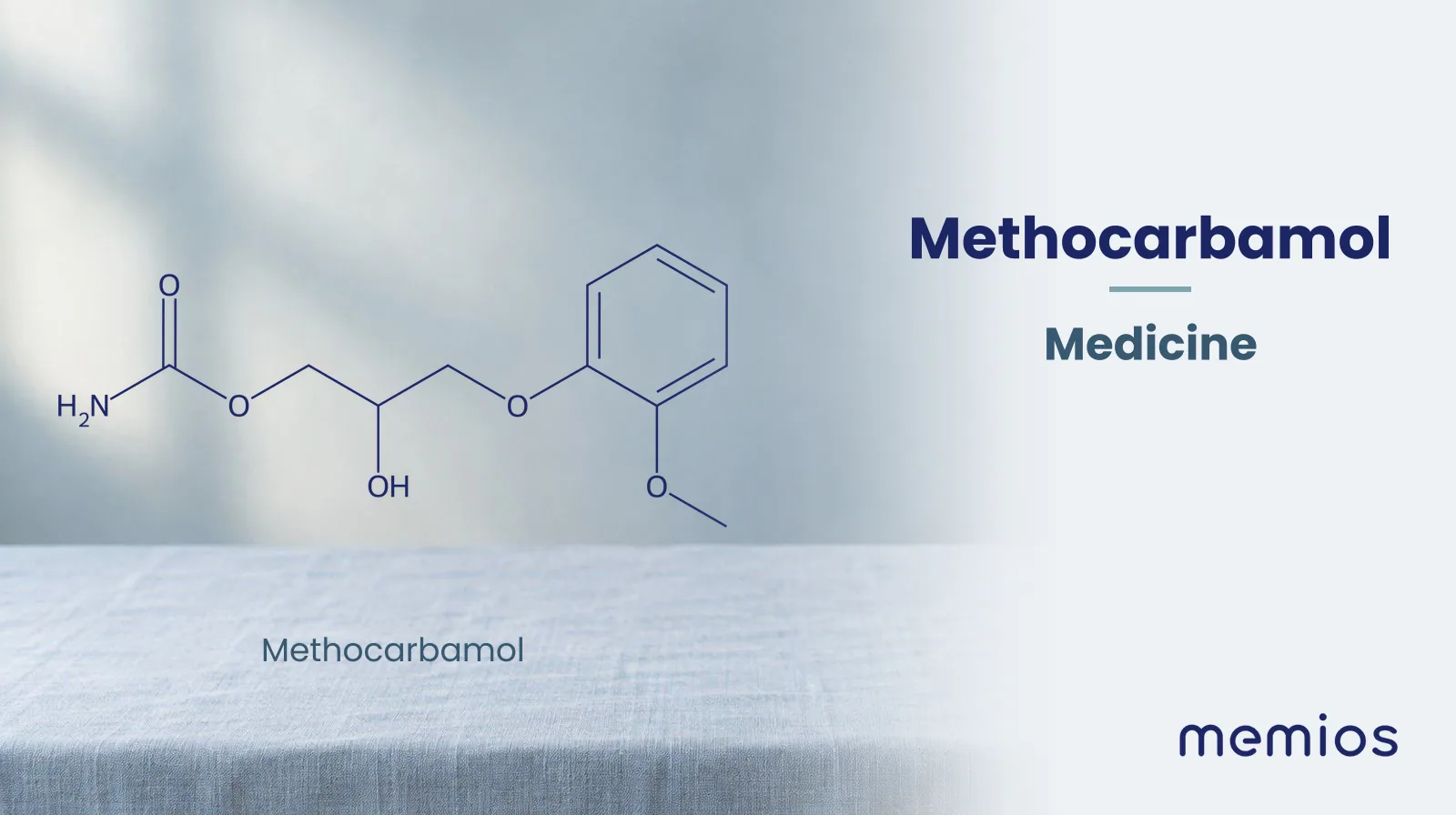 Chemical structure of Methocarbamol, drawn in navy on pale linen.