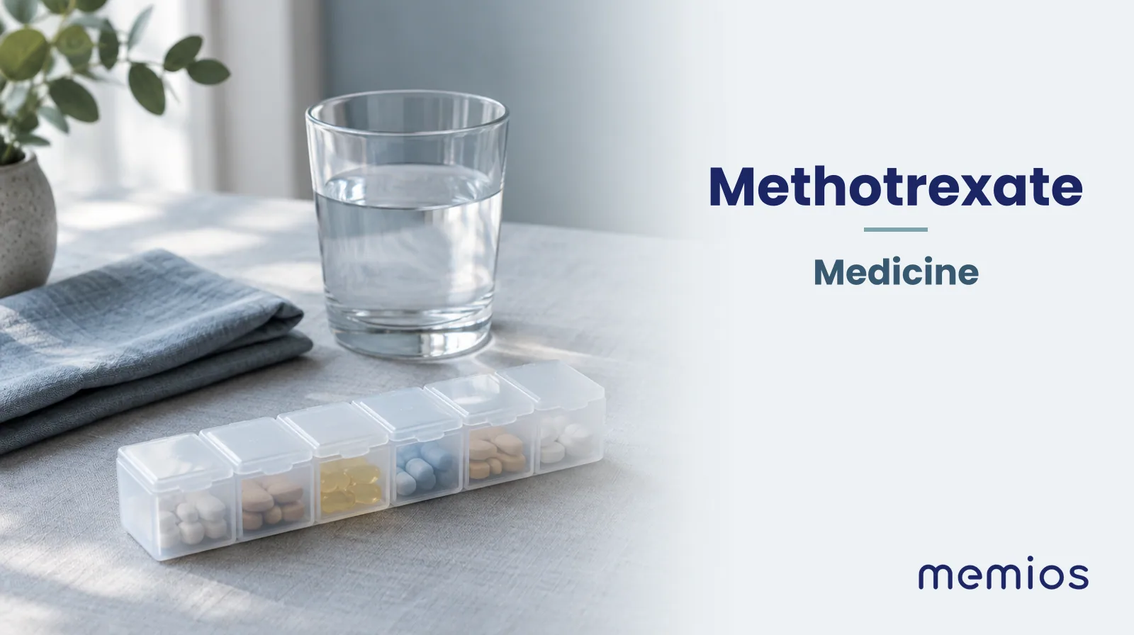 Photograph for Methotrexate: plain unmarked tablets in a dish beside a glass of water on pale linen.
