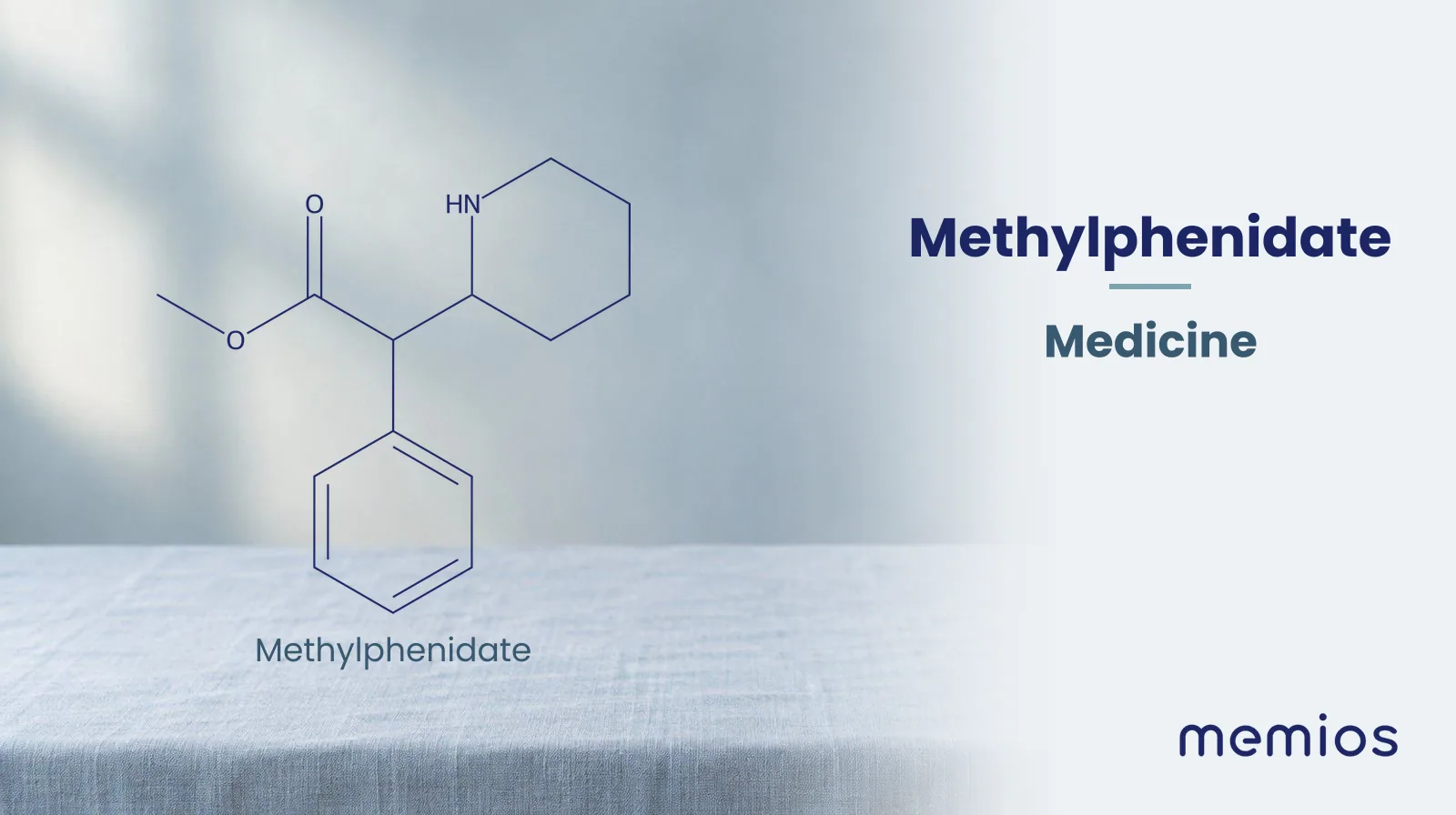 Chemical structure of Methylphenidate, drawn in navy on pale linen.