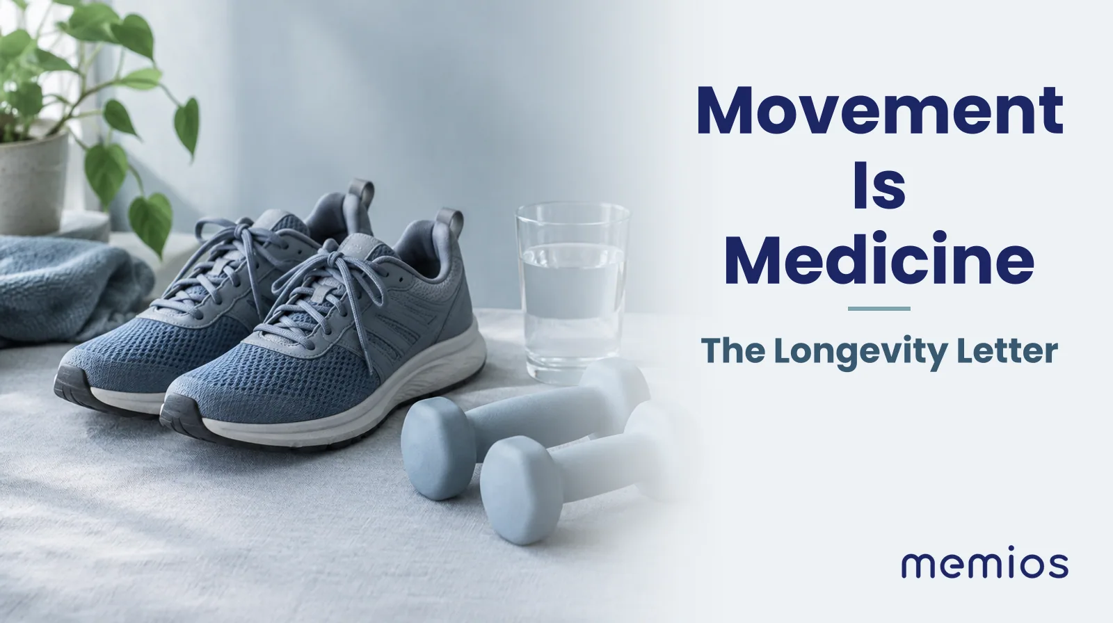 Photograph for Movement Is Medicine: a pair of walking shoes, a pair of light dumbbells and a glass of water on the linen.