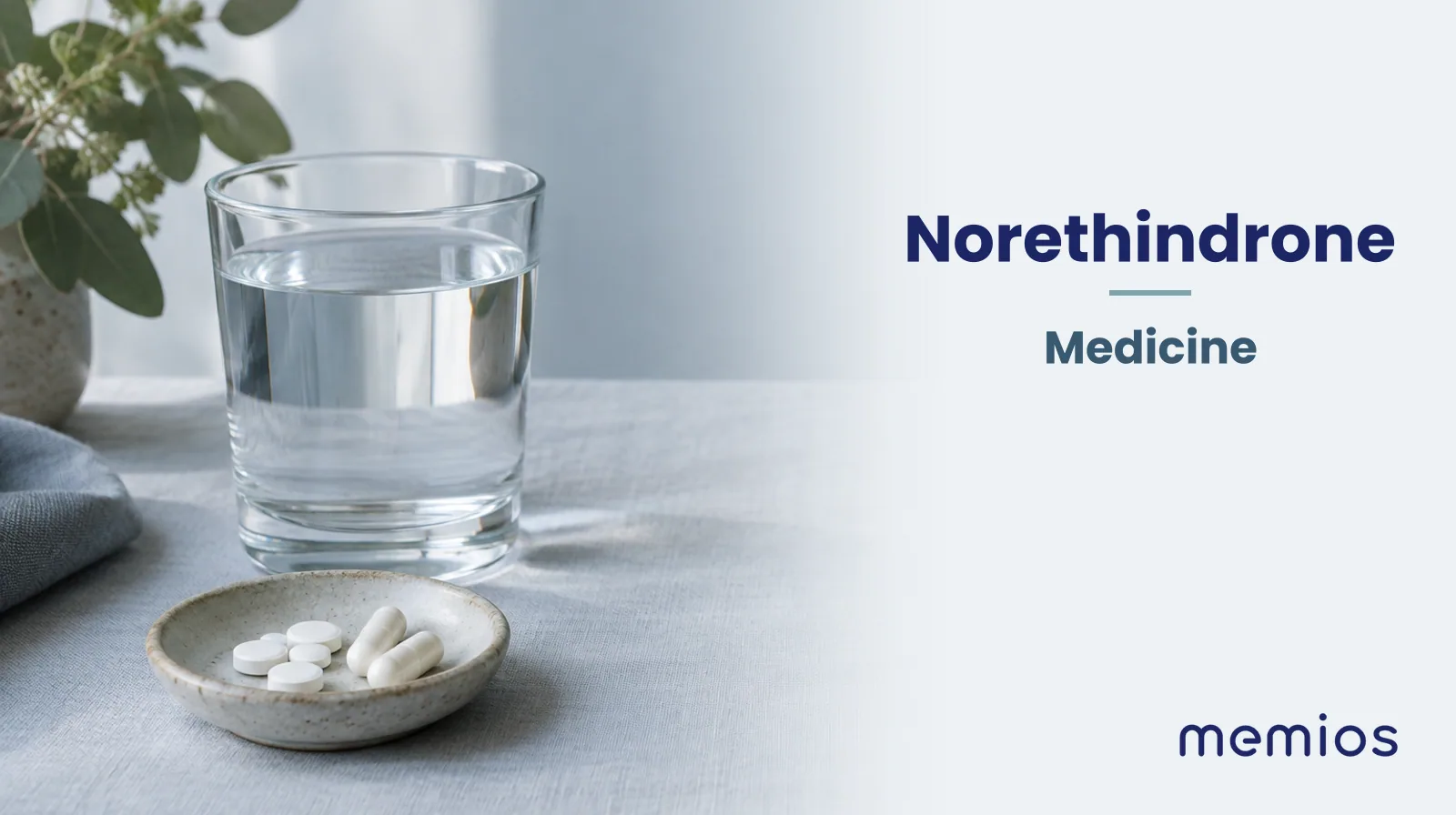 Photograph for Norethindrone: plain unmarked tablets in a dish beside a glass of water on pale linen.