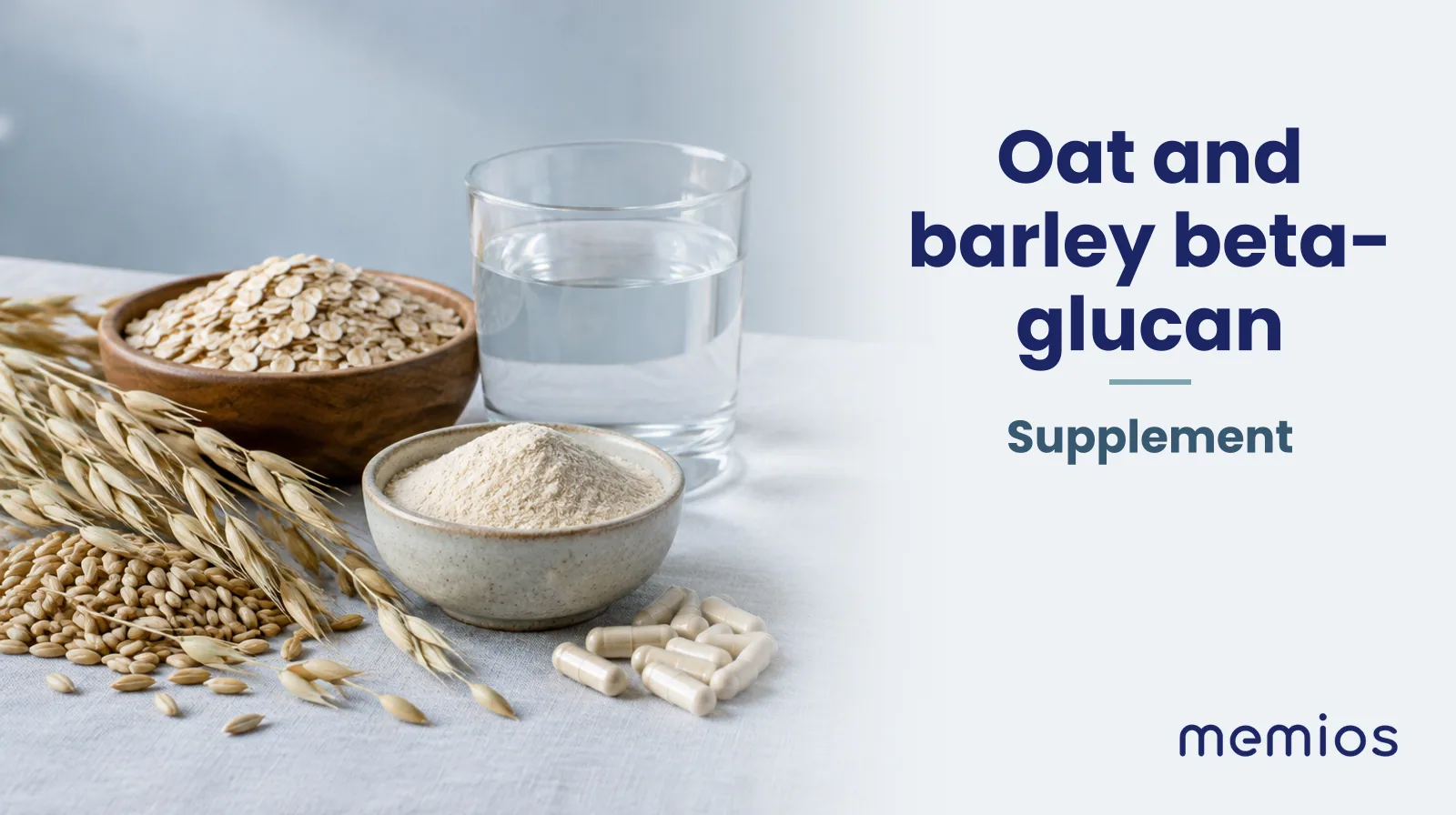 Photograph for Oat and barley beta-glucan: its natural source and a bowl of powder or capsules on pale linen.
