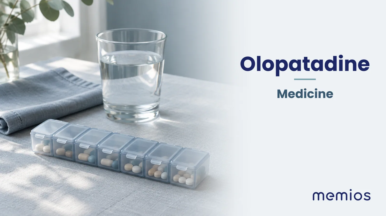 Photograph for Olopatadine: plain unmarked tablets in a dish beside a glass of water on pale linen.