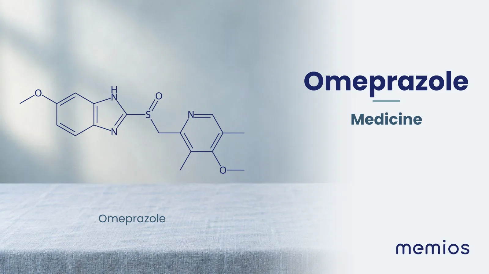 Chemical structure of Omeprazole, drawn in navy on pale linen.