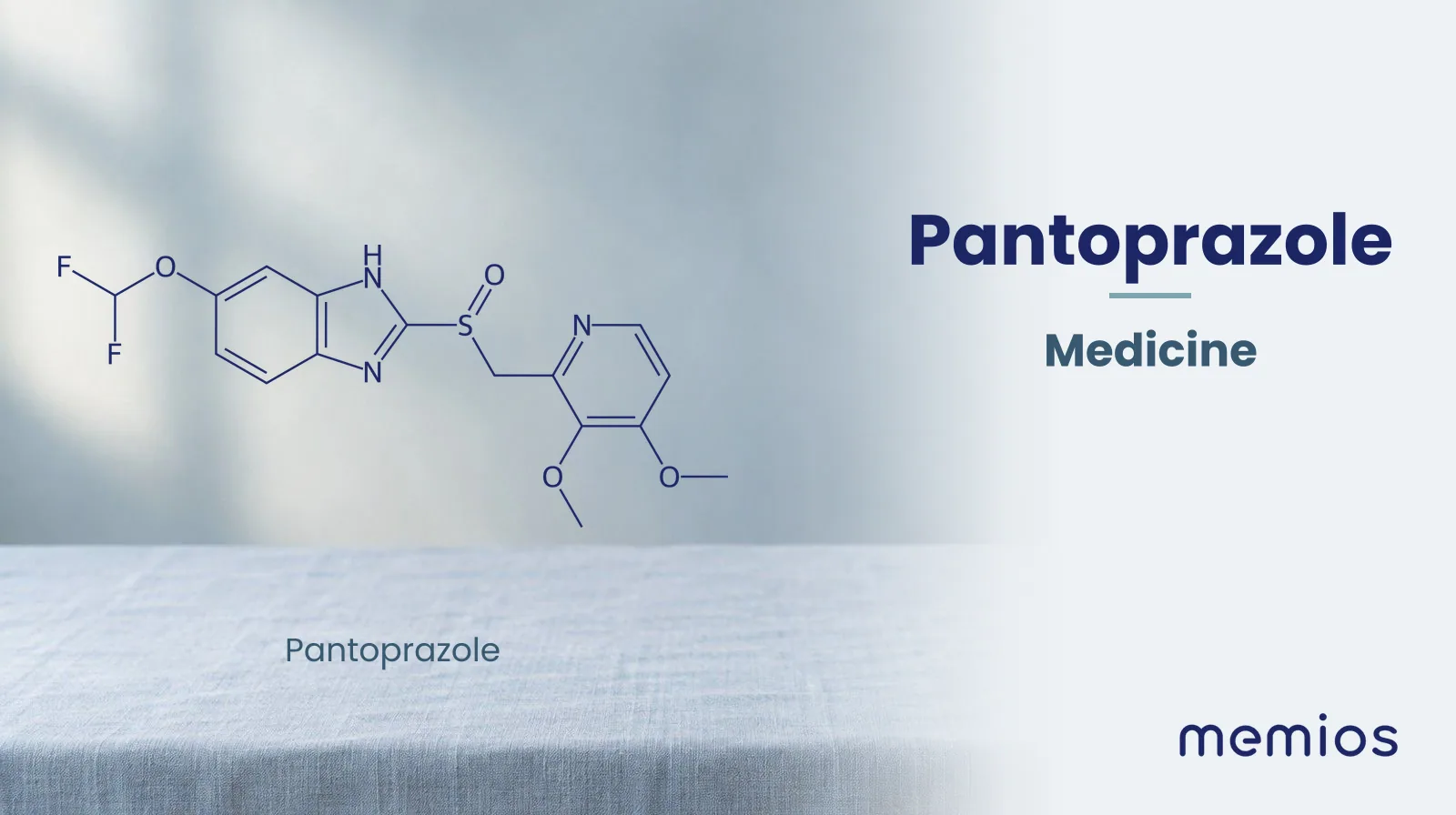 Chemical structure of Pantoprazole, drawn in navy on pale linen.