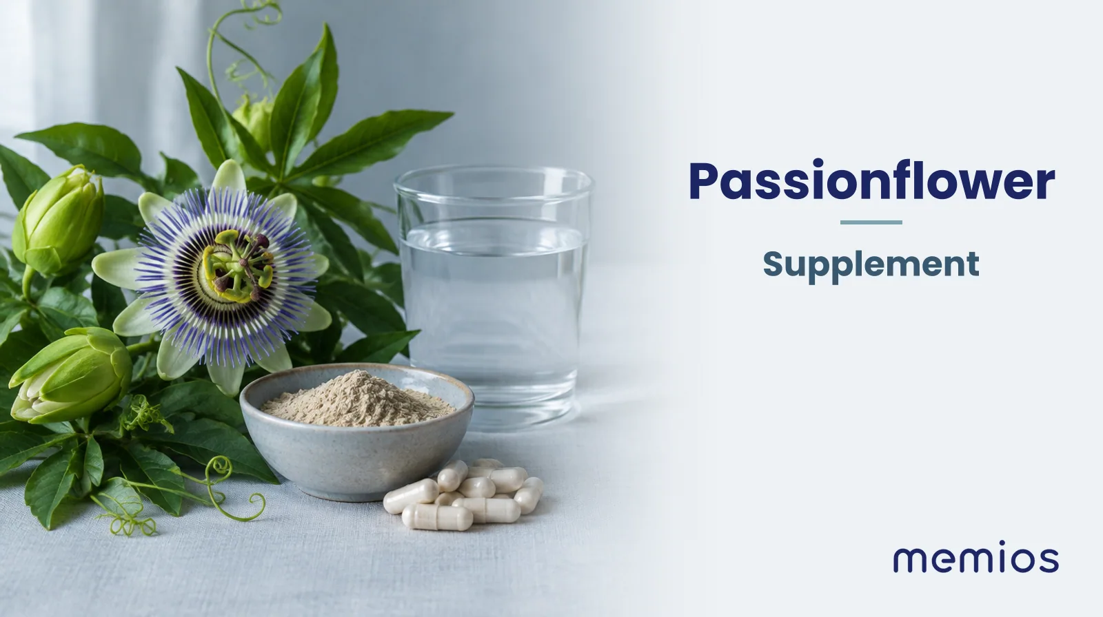 Photograph for Passionflower: its natural source and a bowl of powder or capsules on pale linen.