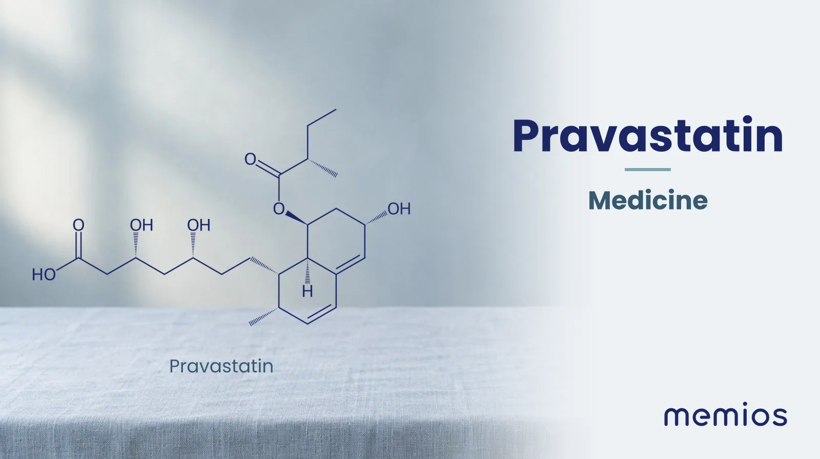 Chemical structure of Pravastatin, drawn in navy on pale linen.