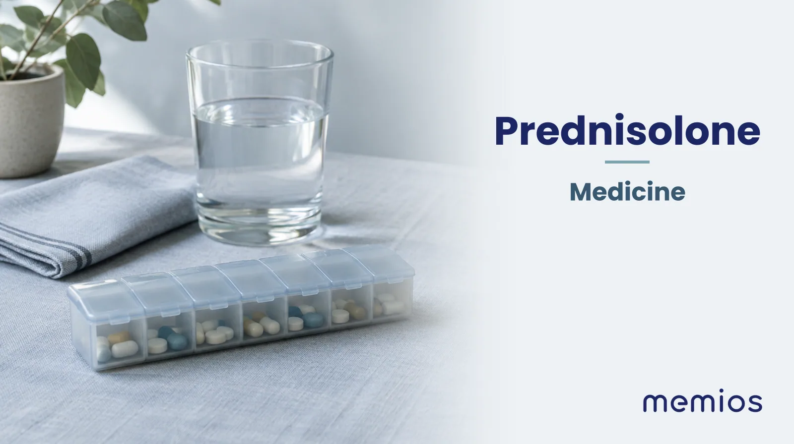 Photograph for Prednisolone: plain unmarked tablets in a dish beside a glass of water on pale linen.