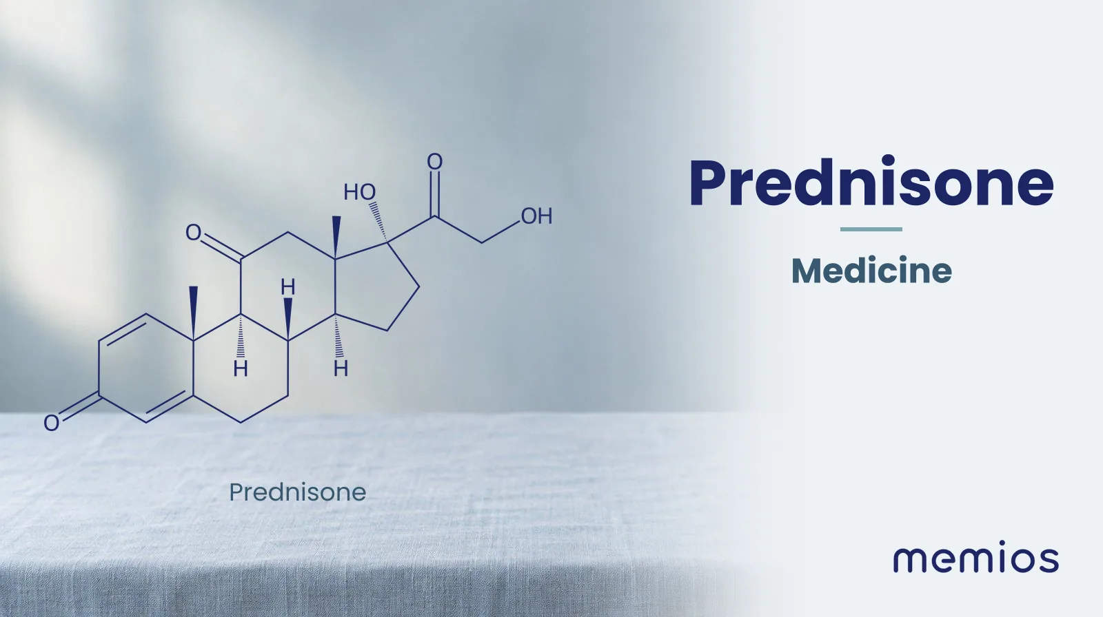 Chemical structure of Prednisone, drawn in navy on pale linen.
