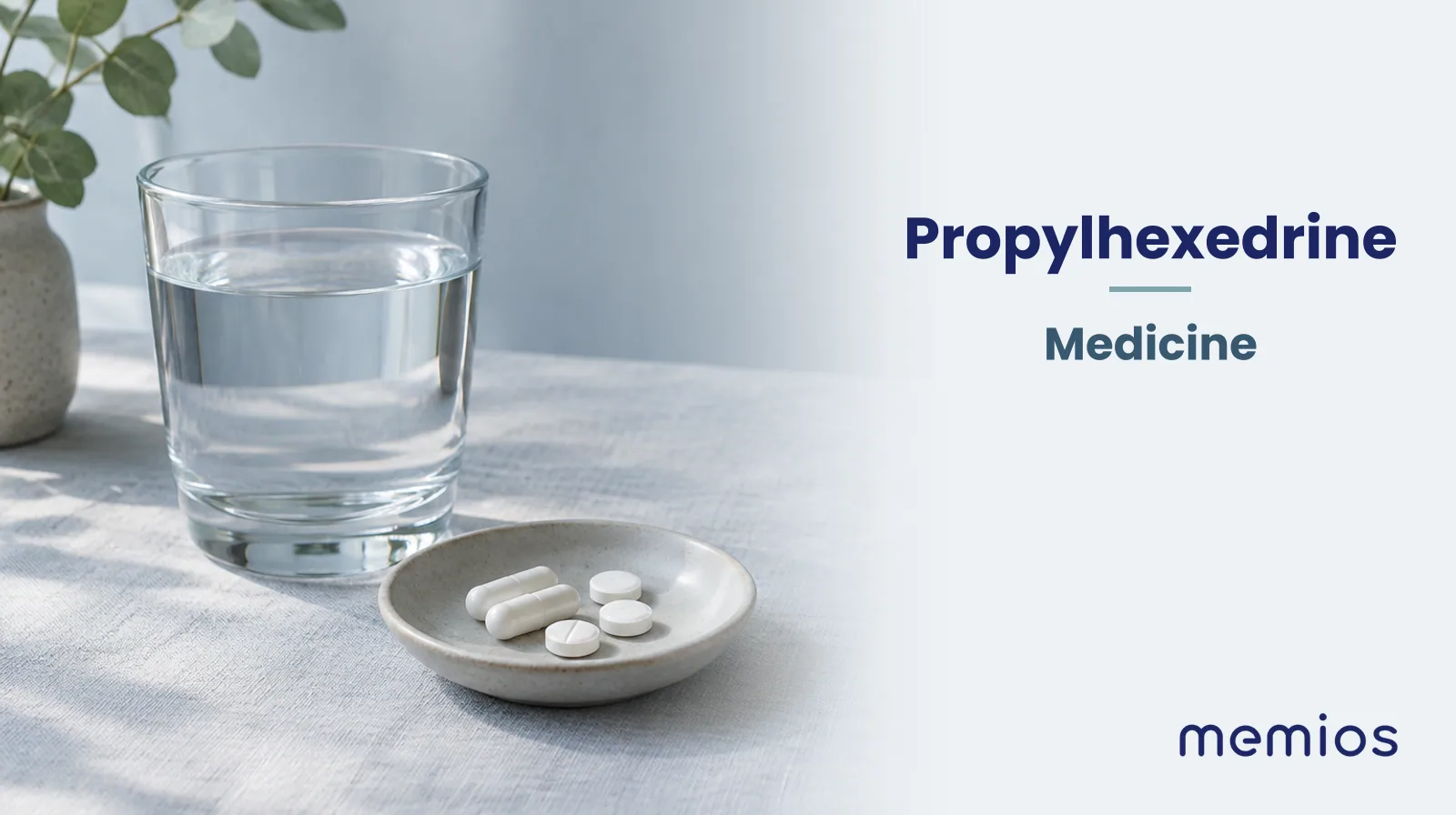 Photograph for Propylhexedrine: plain unmarked tablets in a dish beside a glass of water on pale linen.