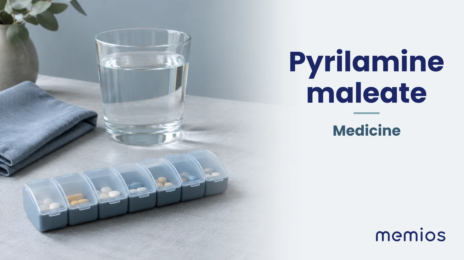 Photograph for Pyrilamine maleate: plain unmarked tablets in a dish beside a glass of water on pale linen.