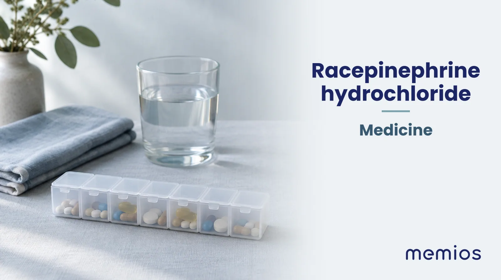 Photograph for Racepinephrine hydrochloride: plain unmarked tablets in a dish beside a glass of water on pale linen.