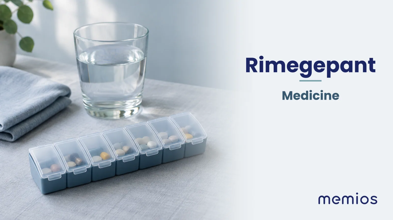 Photograph for Rimegepant: plain unmarked tablets in a dish beside a glass of water on pale linen.