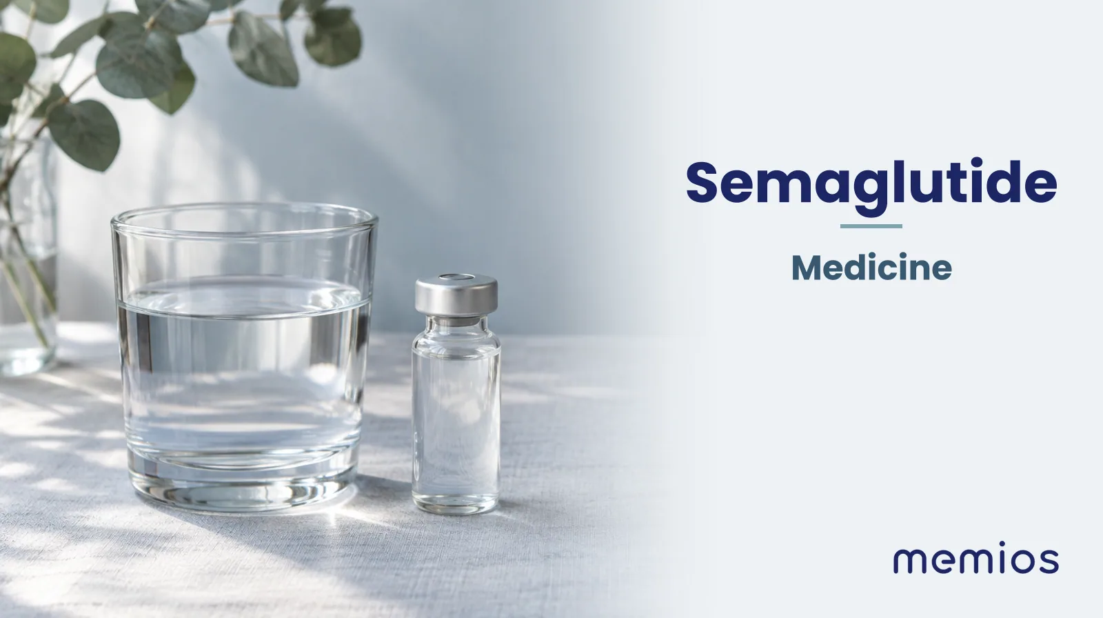 Photograph for Semaglutide: plain unmarked tablets in a dish beside a glass of water on pale linen.