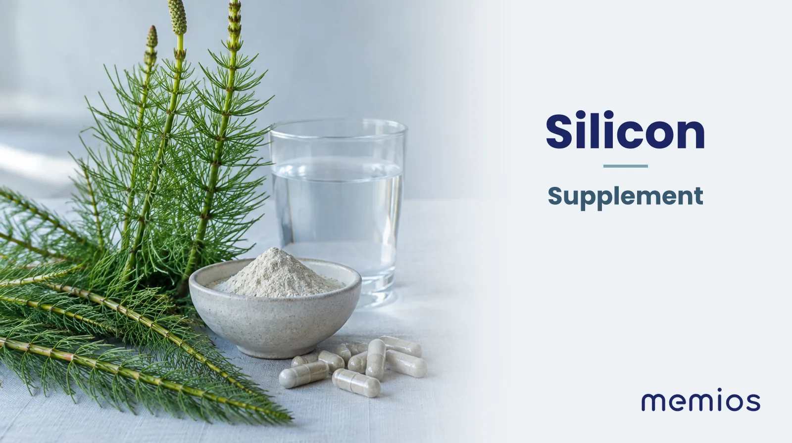 Photograph for Silicon: its natural source and a bowl of powder or capsules on pale linen.