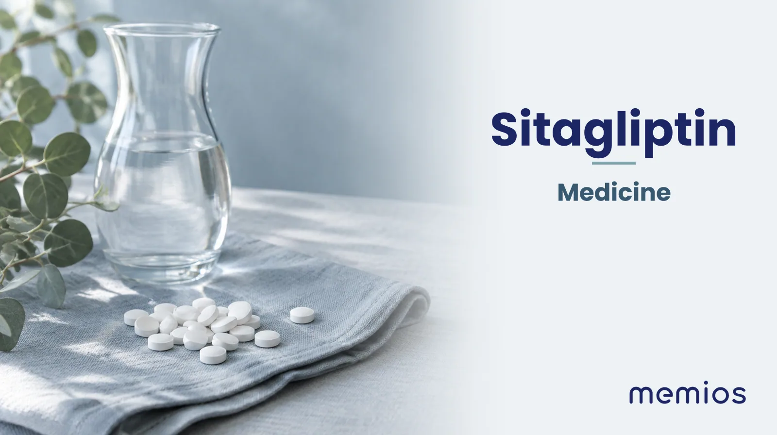 Photograph for Sitagliptin: plain unmarked tablets in a dish beside a glass of water on pale linen.